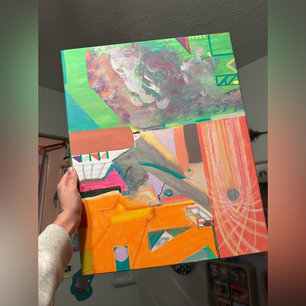 Vibrant Geometric Abstract Multimedia Art Piece/Painting, See Description